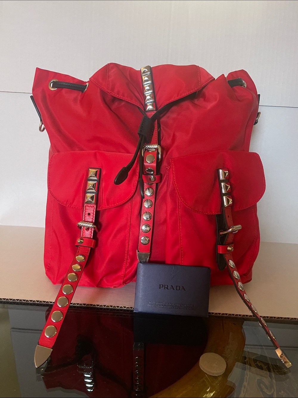 Prada Red Studded Nylon Drawstring Backpack